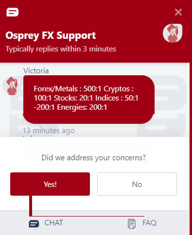 Live Chat with customer support OspreyFx maximum leverage